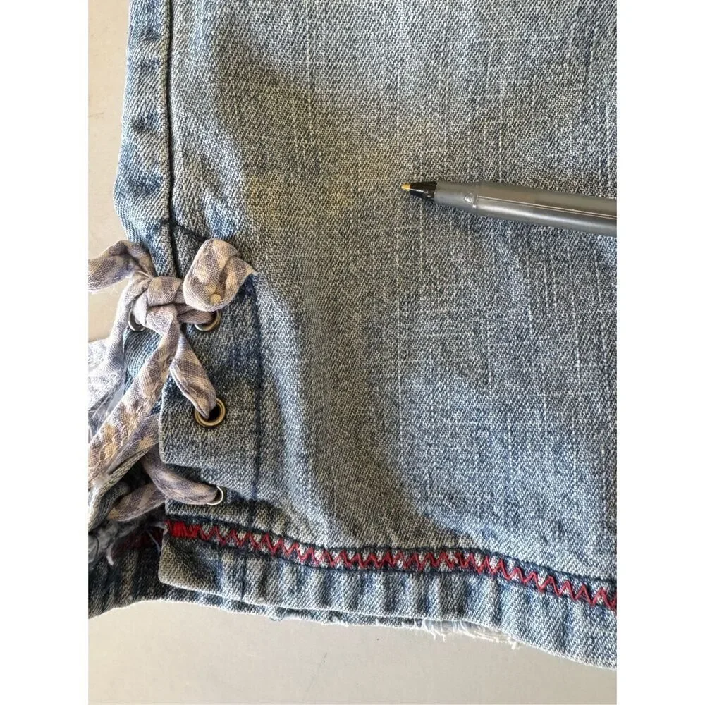 Girls toddler 2T flared light blue jean denim cross cross plaid belt y2k 100% co
